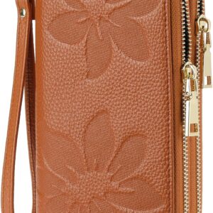 Women's Wallet Large Capacity Double Zip Around Credit Card Holder Leather Ladies Wallet with RFID Blocking Phone Wristlet Purse Brown